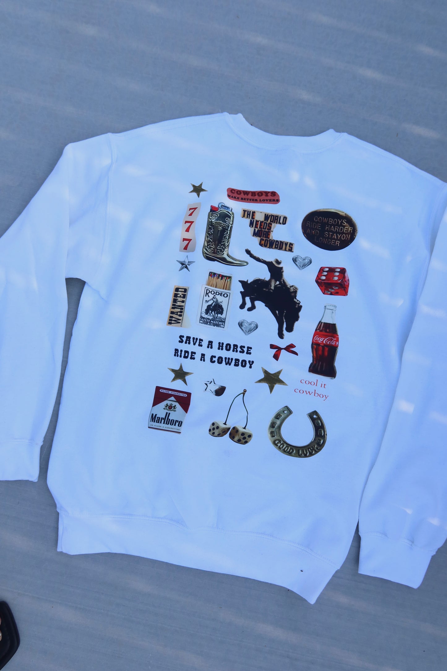 Save a horse ride a cowboy collage crewneck