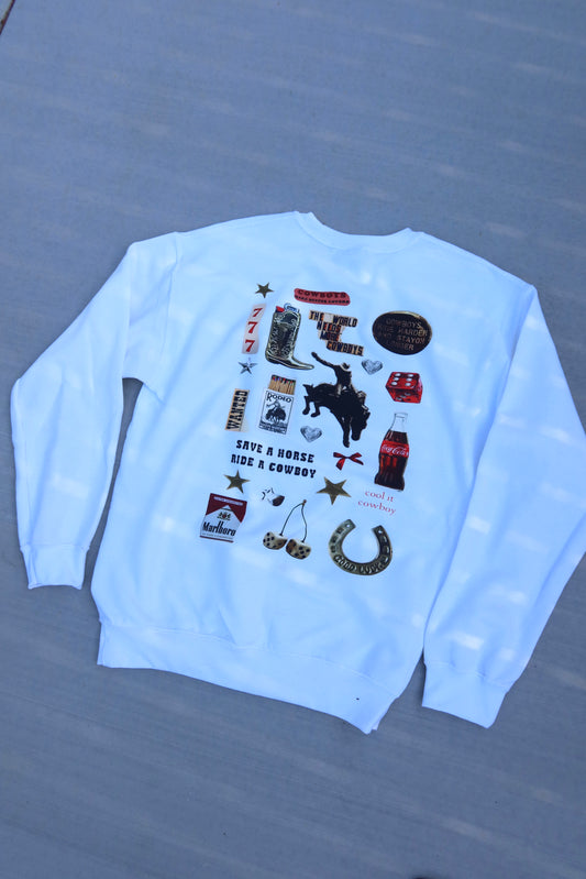 Save a horse ride a cowboy collage crewneck
