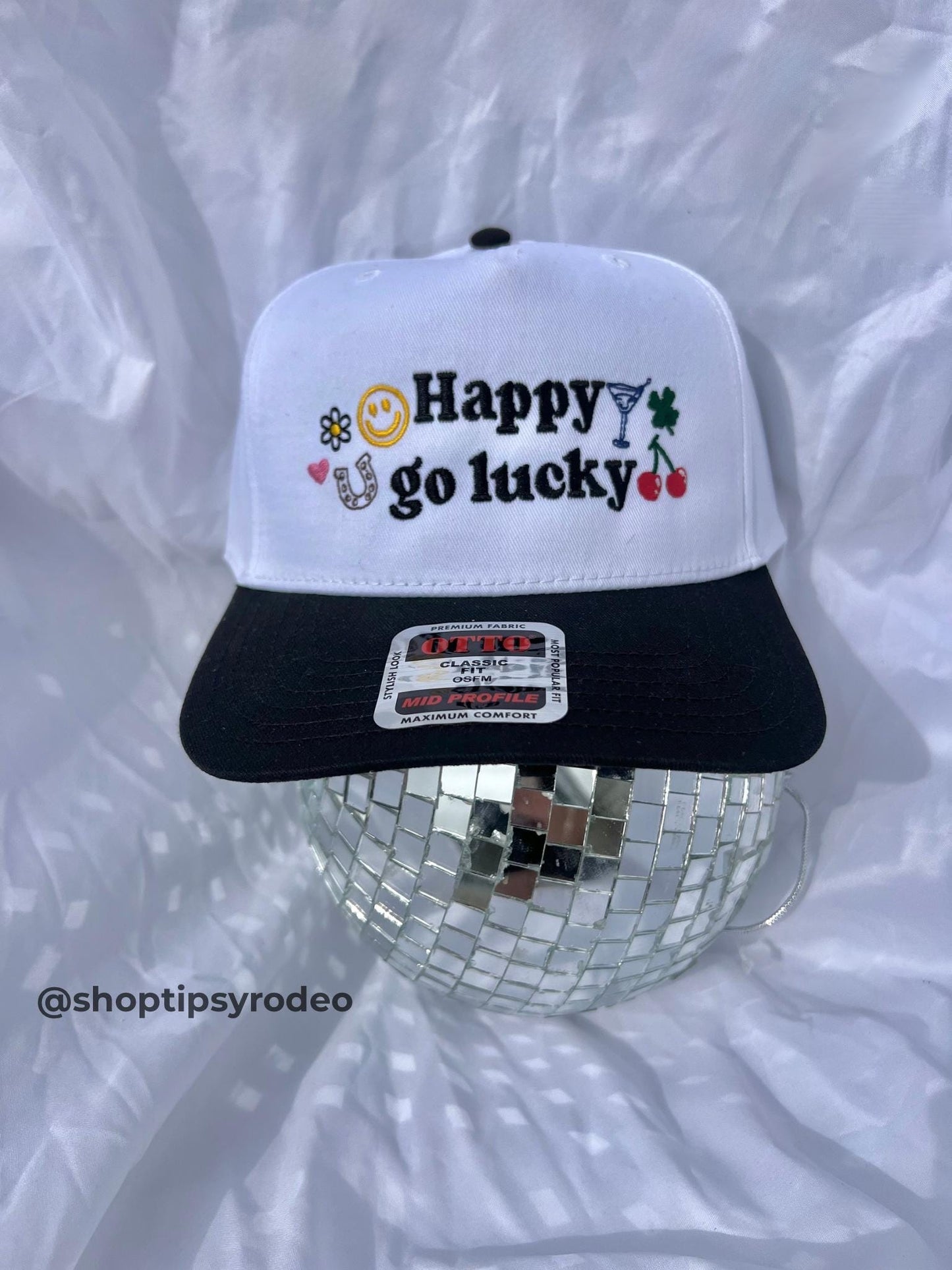 Happy Go Lucky Embroidered Trucker Hat