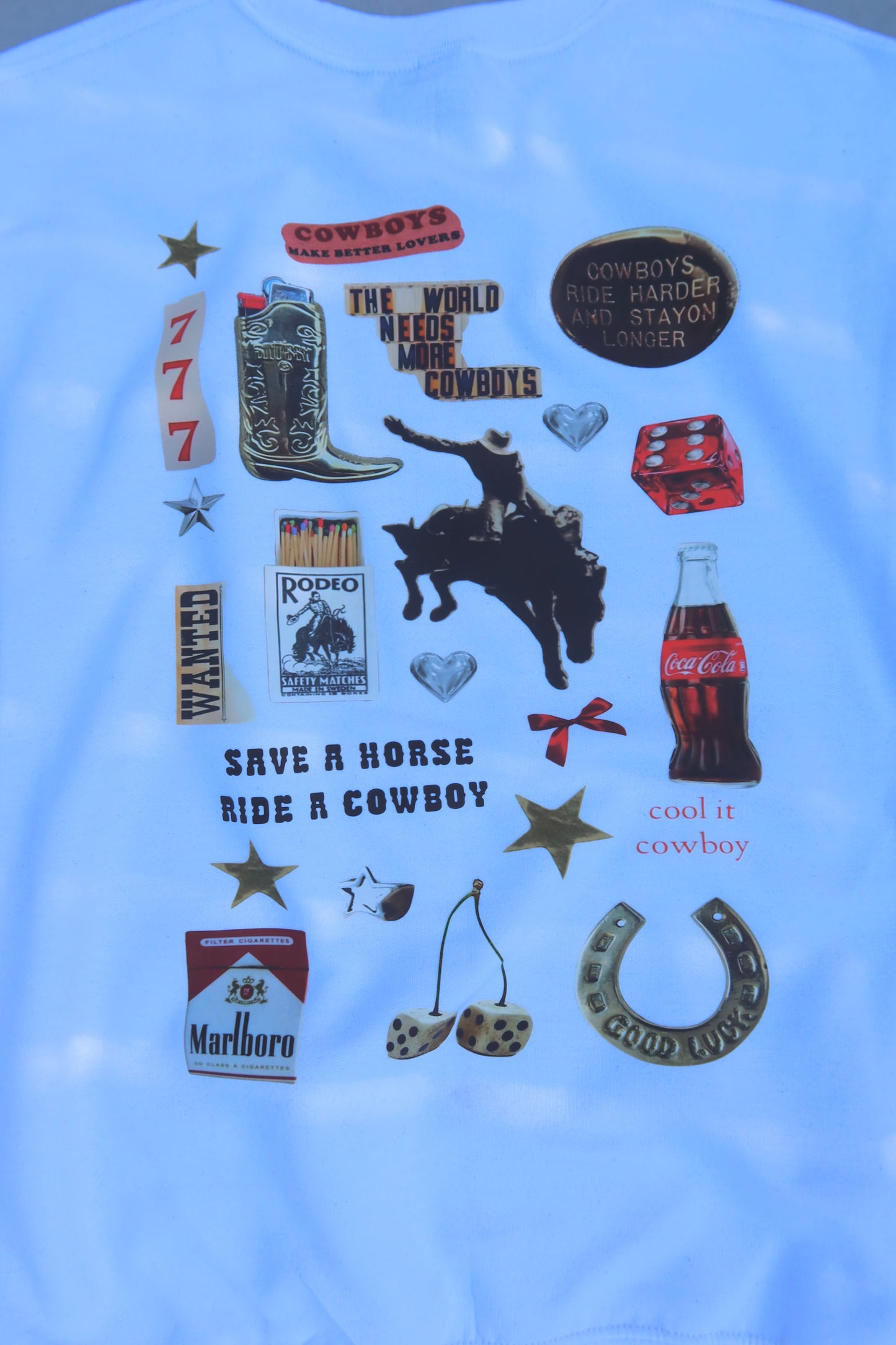 Save a horse ride a cowboy collage crewneck